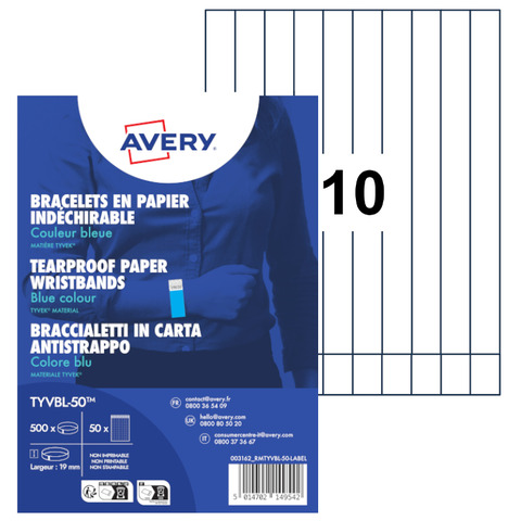 Braccialetti identificativi in Tyvek® Avery resistenti all'acqua - conf. 500 pz - blu fluo - TYVBL-50